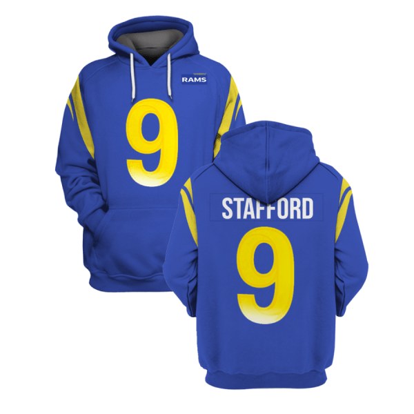 Men's Los Angeles Rams #9 Matthew Stafford 2021 Royal Pullover Hoodie Men's Los Angeles Rams #9 Matthew Stafford 2021 Royal Pullover Hoodie
